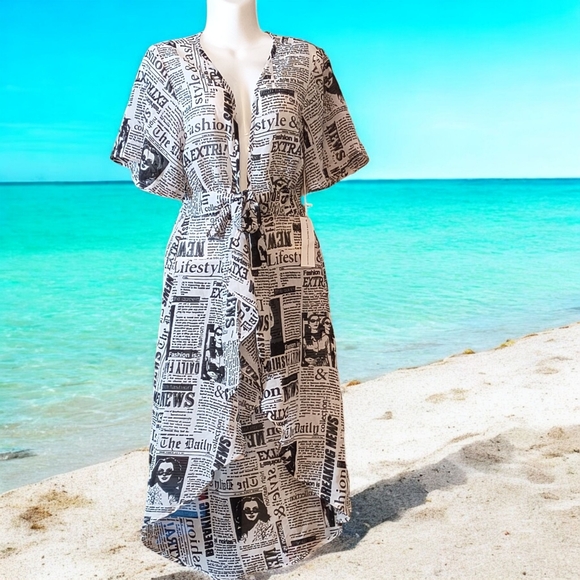 Jackets & Blazers - Sheer Newspaper Print Cover-Up